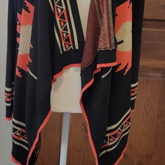 Hooked Up by IO Women'  Aztec Design Side Hi Low Open Long  Sleeve Cardigan M - Picture 6 of 12